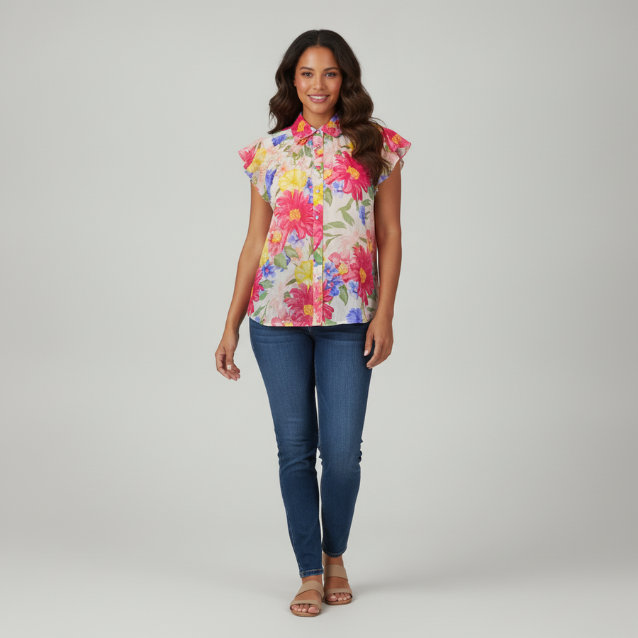 Blusa Gigio Mangas Cortas Floral para Damas con modelo (AI)