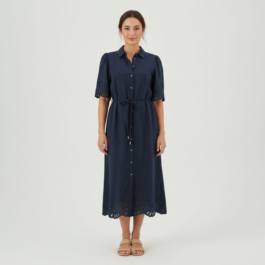 Vestido Nanette Mangas Cortas Liso Eyelet para Damas con modelo (AI)
