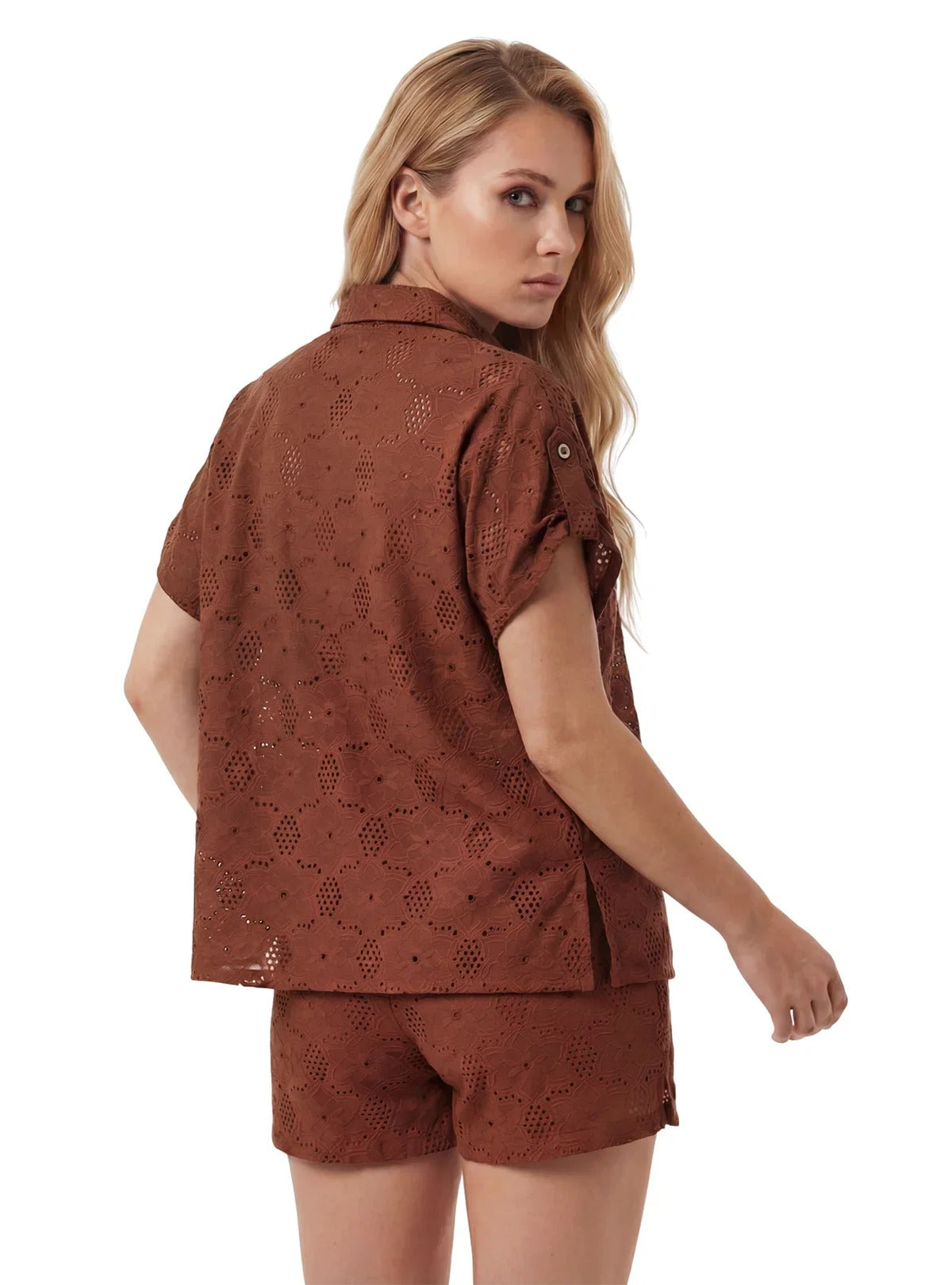Blusa Garotas Mangas Cortas Encaje Eyelet para Damas