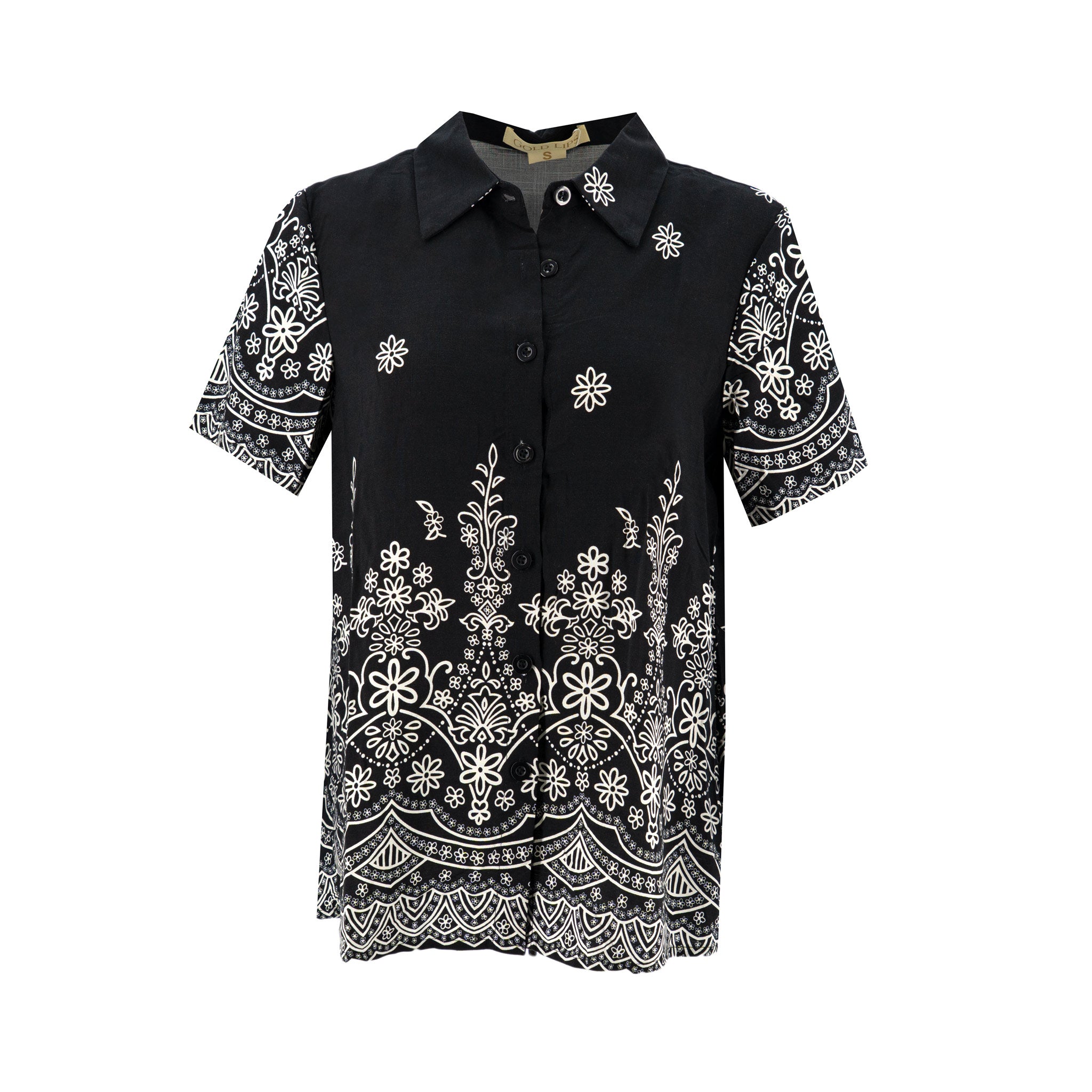 Blusa Gold Lips de mangas cortas con estampado floral para damas, color negro