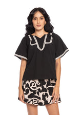 Blusa Essencia Mangas Cortas Liso Encaje Negro/Blanco/Blanco Negro para Damas