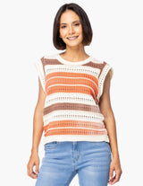 Blusa Essencia Mangas Cortas Rayas Beige Verde/Beige/Naranja para Damas