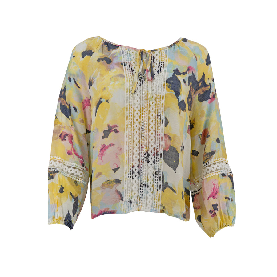 Blusa Zac & Rachel Mangas Largas Estampado Encaje para Damas – LEMON DROP/WHITE MULTI