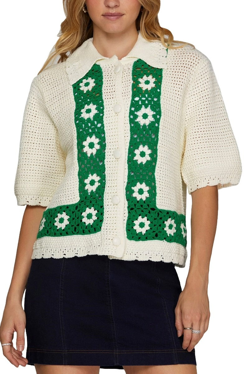 Sweater She + Sky Mangas Cortas Tejido Combinado para Damas