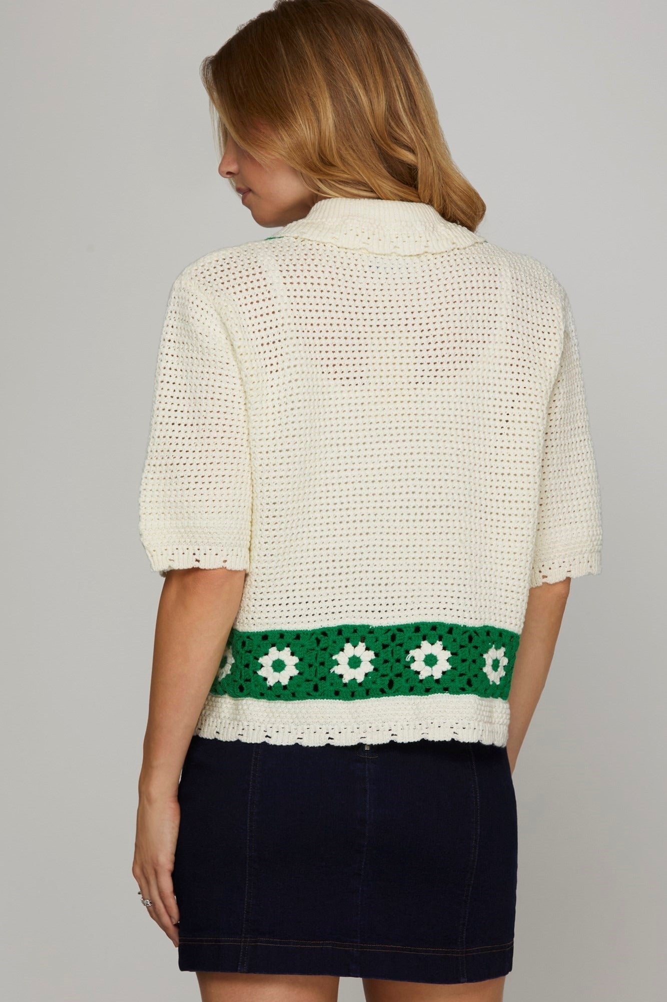 Sweater She + Sky Mangas Cortas Tejido Combinado para Damas