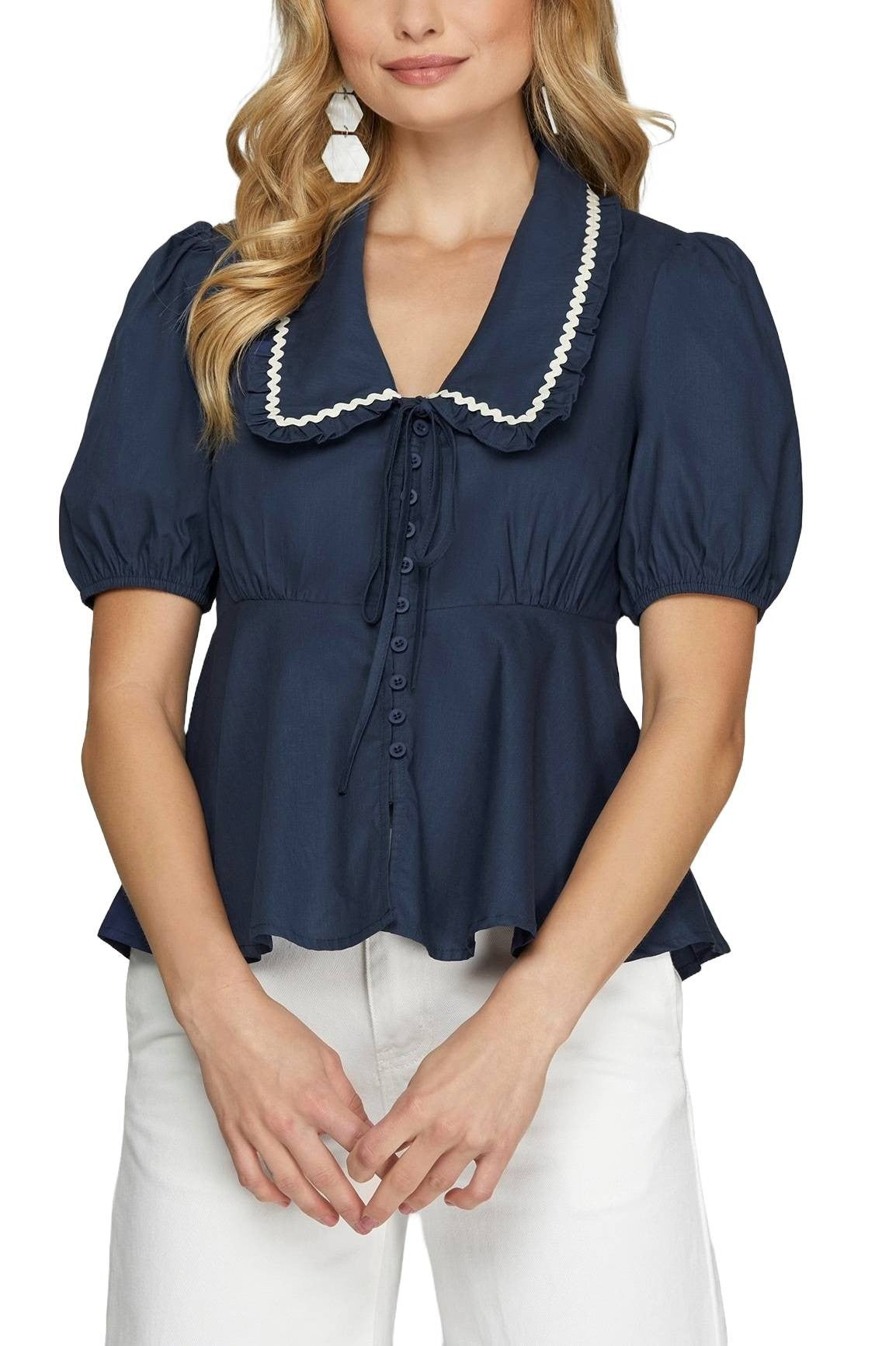 Blusa She + Sky Mangas Cortas Lisa Encaje para Damas – NAVY