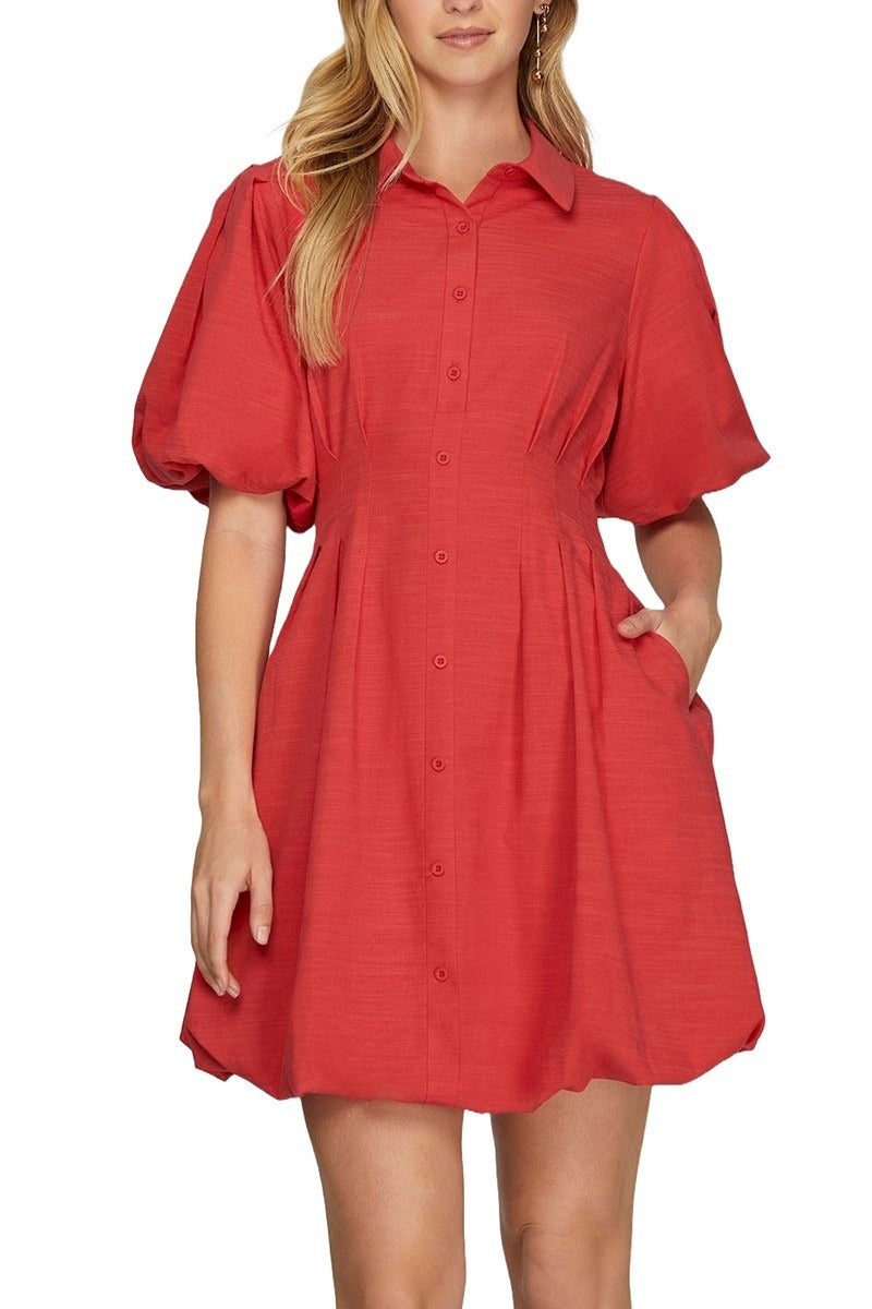 Vestido She + Sky Mangas Cortas Liso Corto para Damas – RED