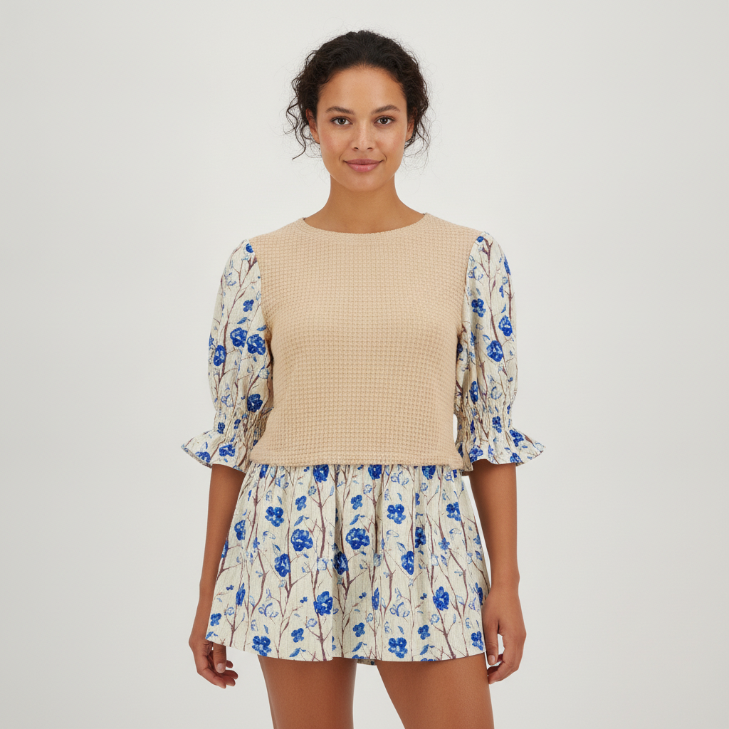 Blusa Posh Mangas Cortas Estampado Peplum para Damas con modelo (AI)