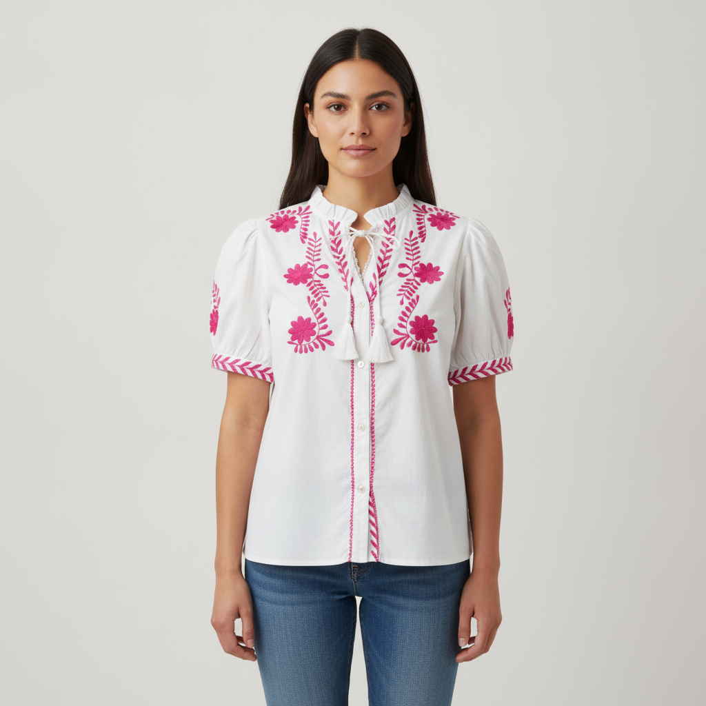 Blusa Essencia Mangas Cortas Bordada para Damas con modelo (AI)