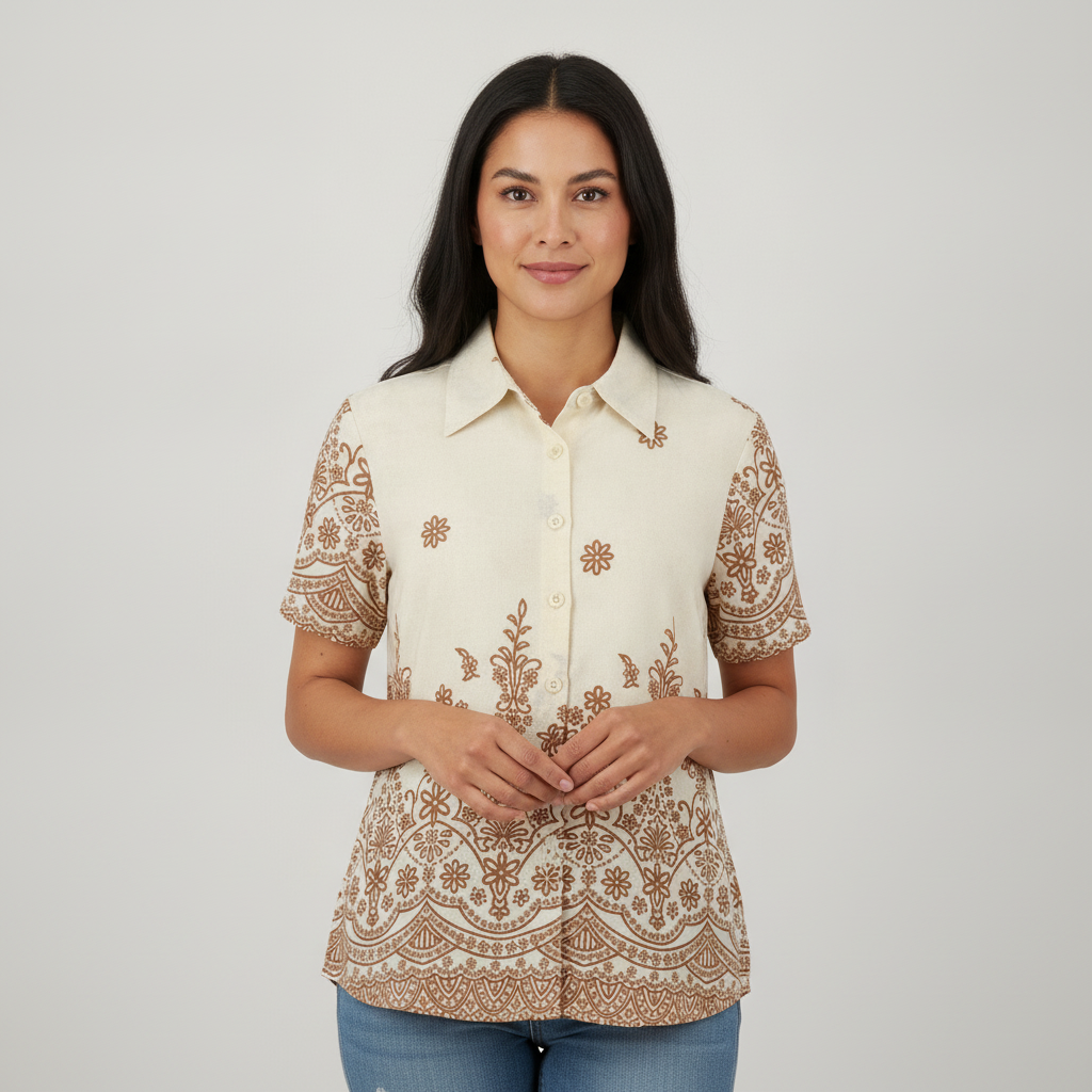 Blusa Gold Lips Mangas Cortas Floral para Damas con modelo (AI)