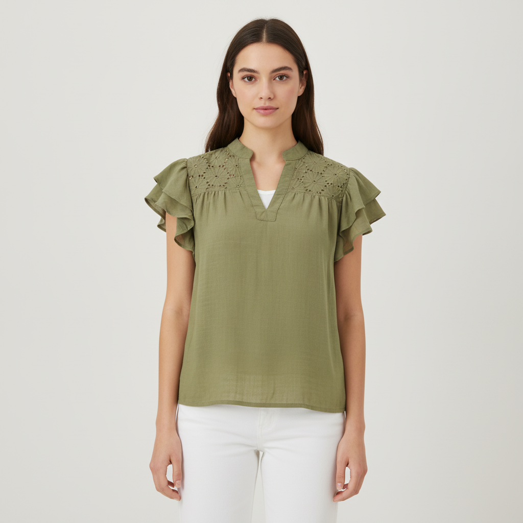 Blusa Sofia S Mangas Cortas Eyelet para Damas con modelo (AI)