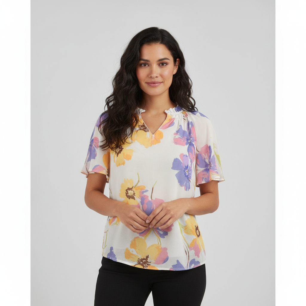 Blusa Zac & Rachel Mangas Cortas Floral para Damas con modelo (AI)
