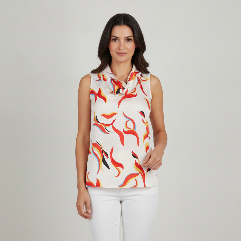 Blusa White Rhino sin Mangas Estampado para Damas con modelo (AI)