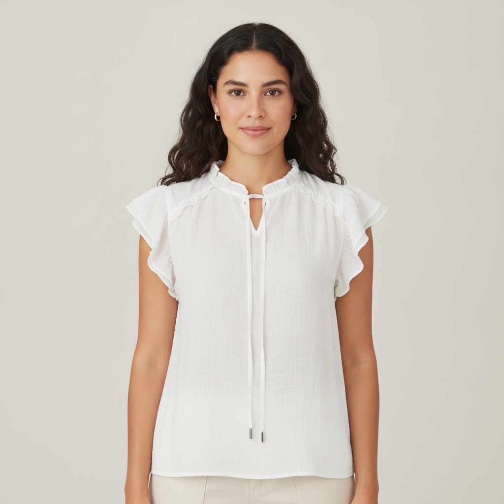 Blusa Essencia Mangas Cortas Corrugada para Damas con modelo (AI)