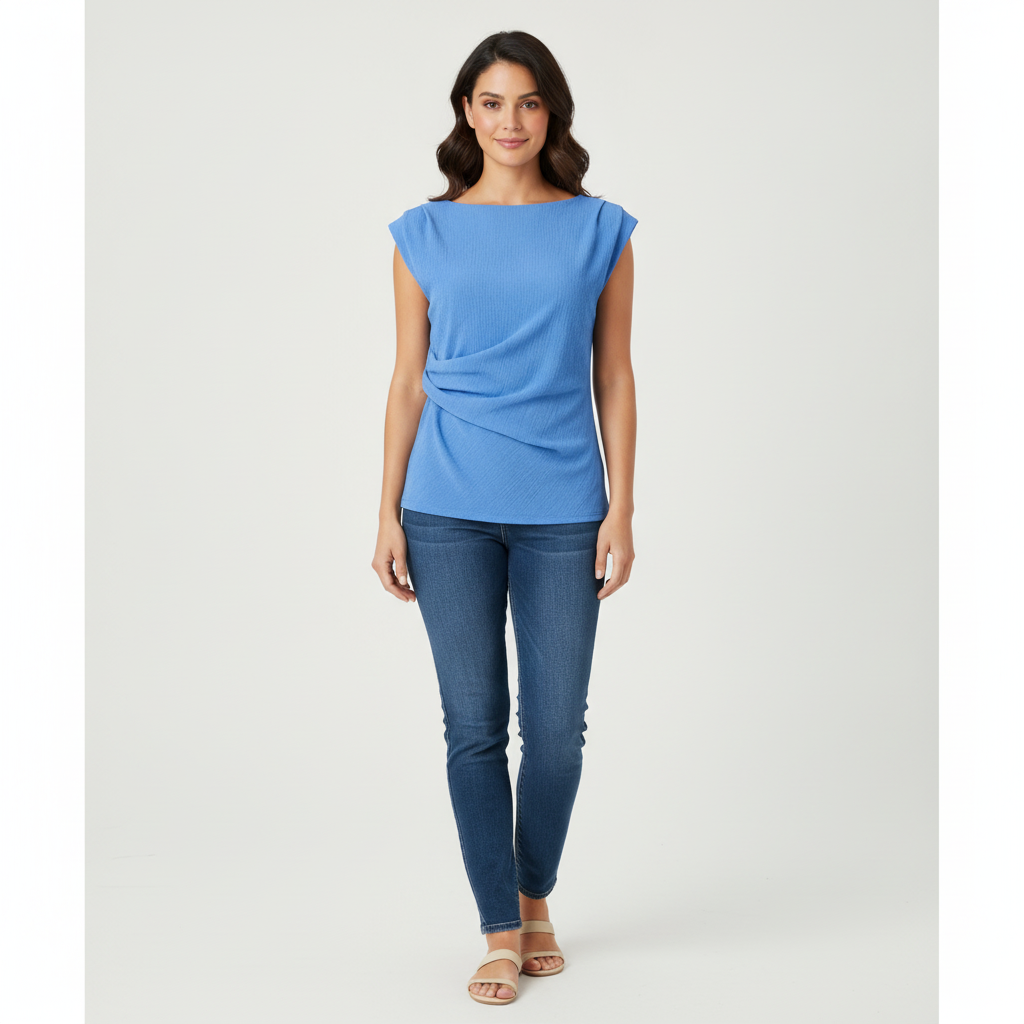 Blusa White Rhino sin Mangas Corrugada para Damas con modelo (AI)