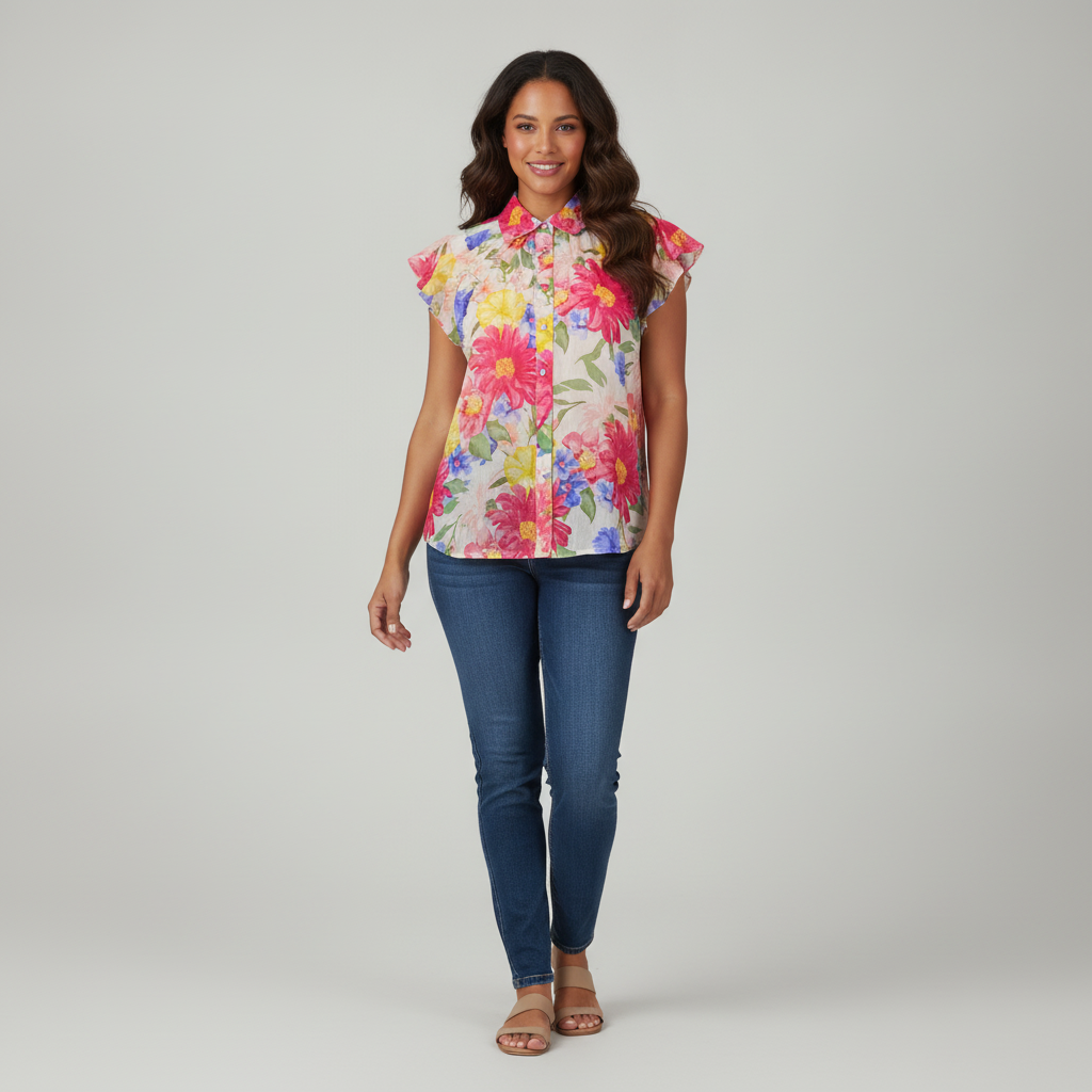 Blusa Gigio Mangas Cortas Floral para Damas con modelo (AI)