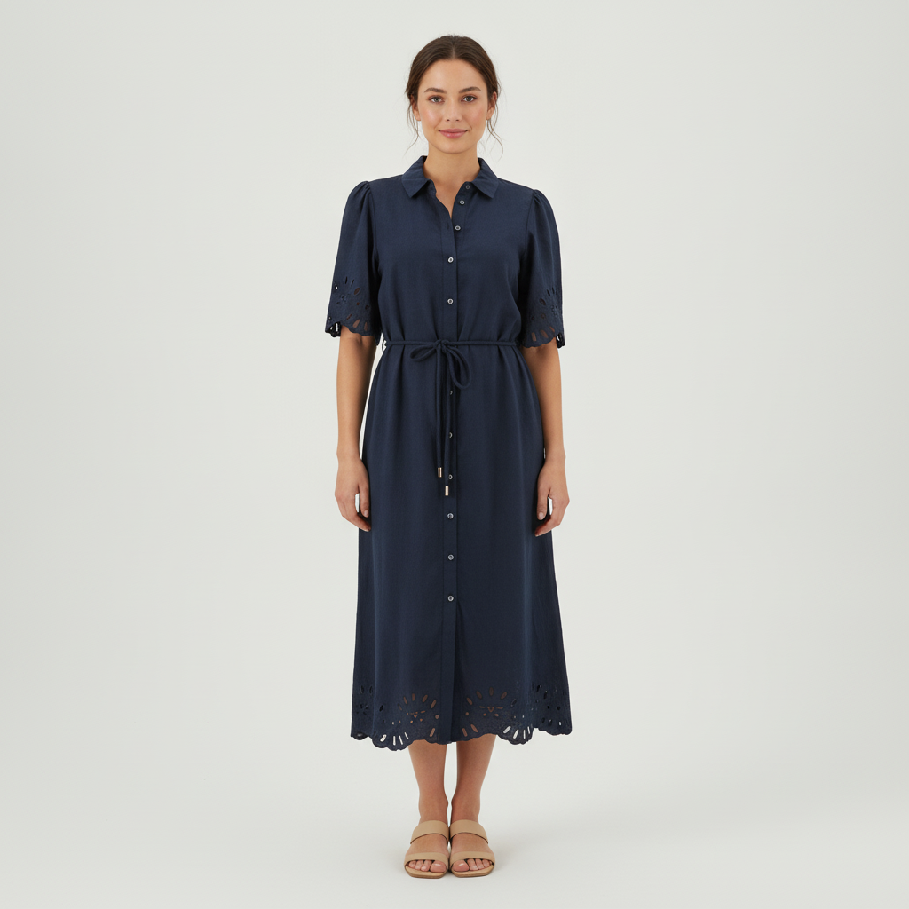 Vestido Nanette Mangas Cortas Liso Eyelet para Damas con modelo (AI)
