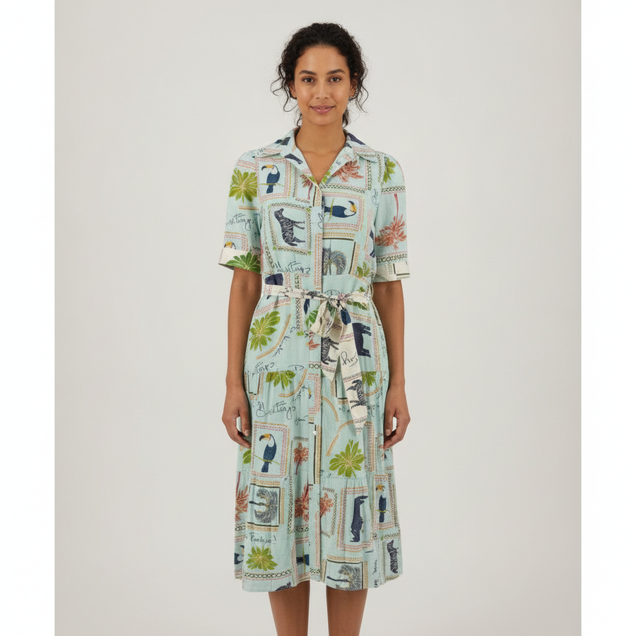 Vestido Nicole Miller Mangas Cortas Tropical Bots para Damas con modelo (AI)