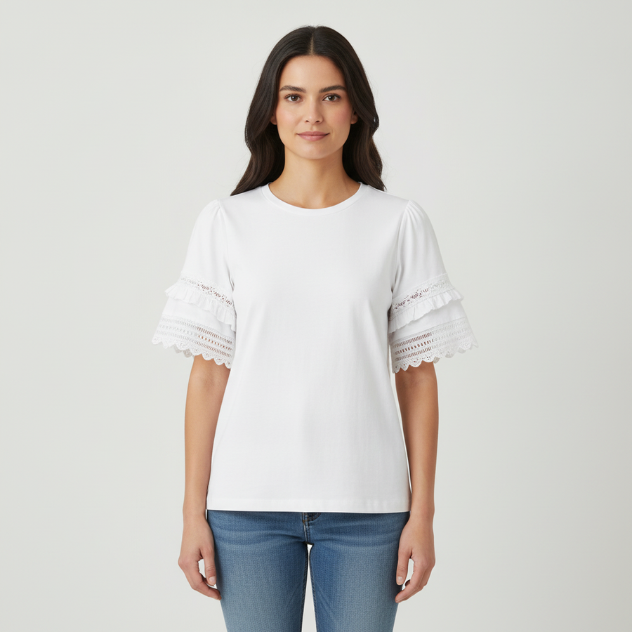 Blusa Zac & Rachel Mangas Cortas Lisa Encaje para Damas con modelo (AI)