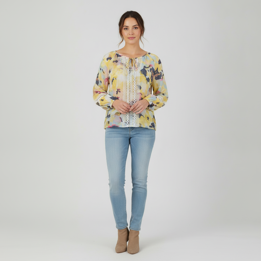 Blusa Zac & Rachel Mangas Largas Estampado Encaje para Damas con modelo (AI)