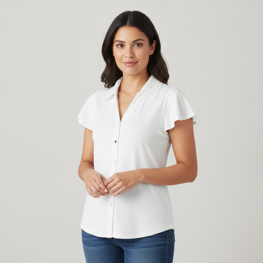 Blusa Rio + Rain Mangas Cortas Punto Suizo para Damas con modelo (AI)