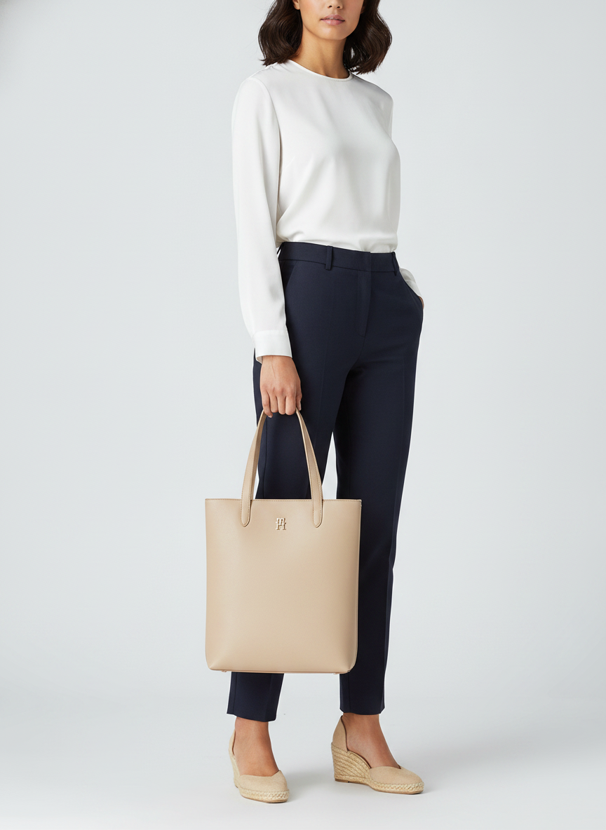 Bolso Tommy Hilfiger TH Casual Slim Tote NS para Damas AW0AW15050-AEG con modelo (AI)