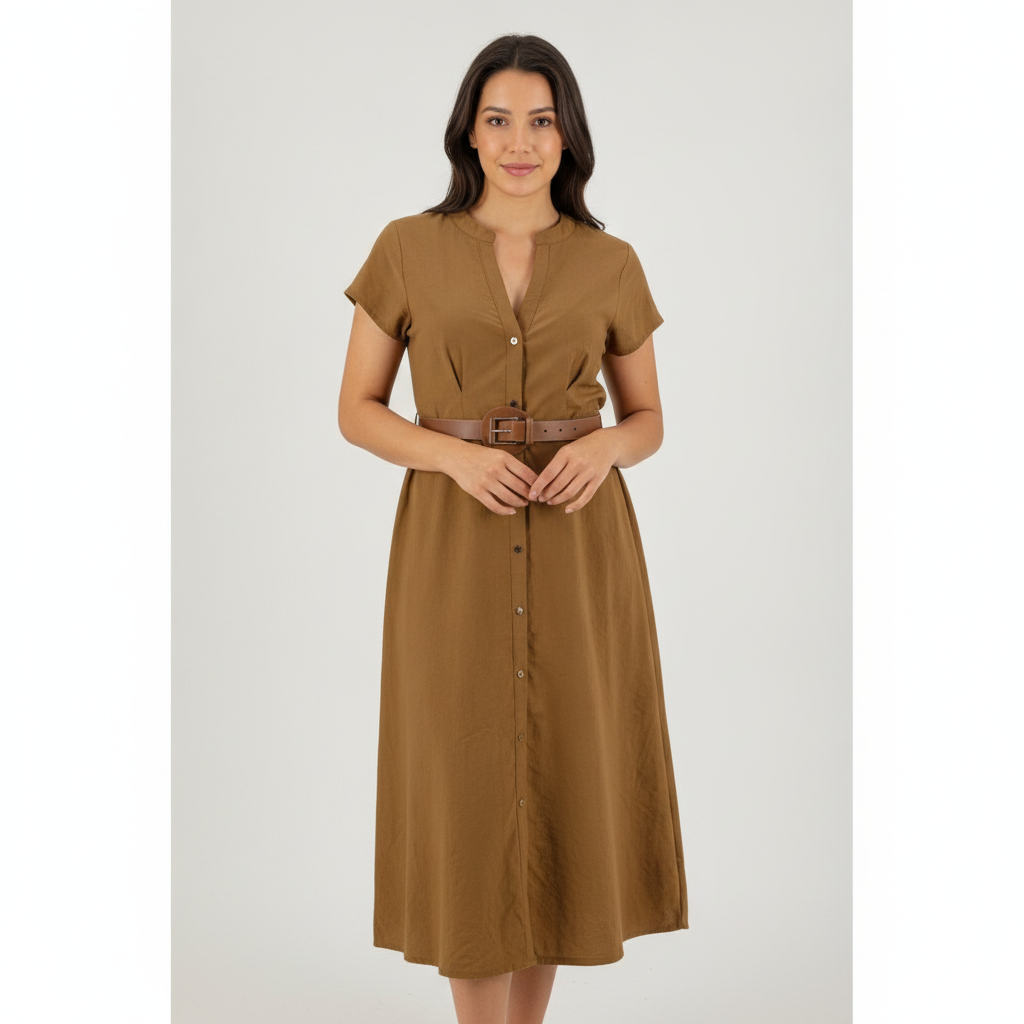 Vestido Kathy Ireland Mangas Cortas Liso para Damas con modelo (AI)